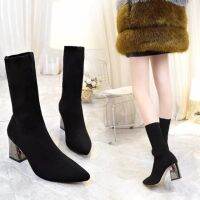 (มีพร้อมส่ง 38-40,42 ) SALE ราคาตูก บูทผ้ายืดส้นสูงข้อสูง ไซต์ 34-43