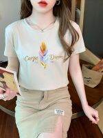 HOT★TuangBiang ฤดูร้อน2023ใหม่ Gradient Feather พิมพ์ Apricot ผ้าฝ้ายเสื้อยืดลำลองขาสั้นแขน Lady Tshirt ผู้หญิงเสื้อ