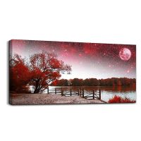 Red Blue Tree Moon Lakeside Landscape Canvas Painting with Frame Abstract Natural Scenery Large Size Wall Art Decor Living Room