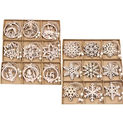 9PCS/Box Christmas Wooden Snowflake Pendants Tree Ornaments for Christmas Home Party Decoration Tree Hanging Wood Gifts Supply