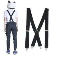 3.5 Wth ผู้ชายแฟชั่น Suspenders Sol สีดำยืดหยุ่นคู่4คลิปปรับได้สองทางกากบาทโลหะ X หลังกางเกงผู้หญิง