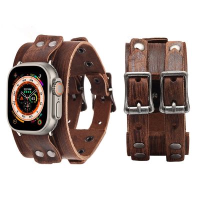 Genuine Leather Strap For Apple Watch Band 44mm 40mm 45mm 41mm 49mm Double Metal Buckle bracelet iWatch series 8 7 6 5 4 3 SE Straps