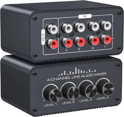 CMSTEDCD Audio Mixer Ultra Low Noise 4 Channel RCA L/R line Levels Control Box Passive Mixer RCA Inputs Output Separate Volume Controls for Small Club Bar or Recording Studio 4 in 1 out mix