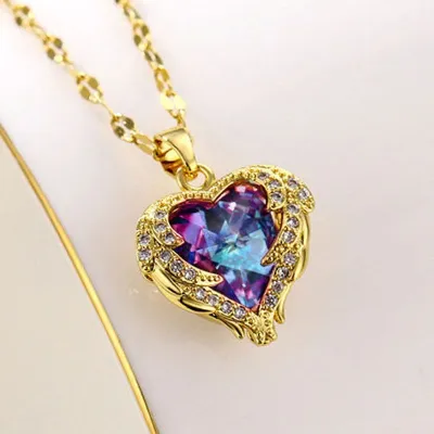 ☄▪✥ Fashion Simple Creative Ocean Heart Necklace Exquisite Heart Angel Wings Colorful Crystal Pendant High Quality Gifts for Girls