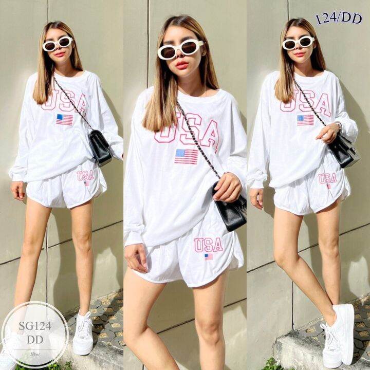 ml124-usa-sweater-short-set-เซทเสื้อสเวตเตอร์-ใส่ซกแขนและชายเสื้อ-มาพร้อมกางเกงขาสั้นทรงบาร์บี้-สกรีน-usa-ทั่งตัวเสื้อและขากางเกง-ดีไซน์สวย-เนื้อผ้าดี-ใส่สบาย-กางเกงมีกระเป๋าล้วงข้าง-สามารถใส่ไปเที่ยว