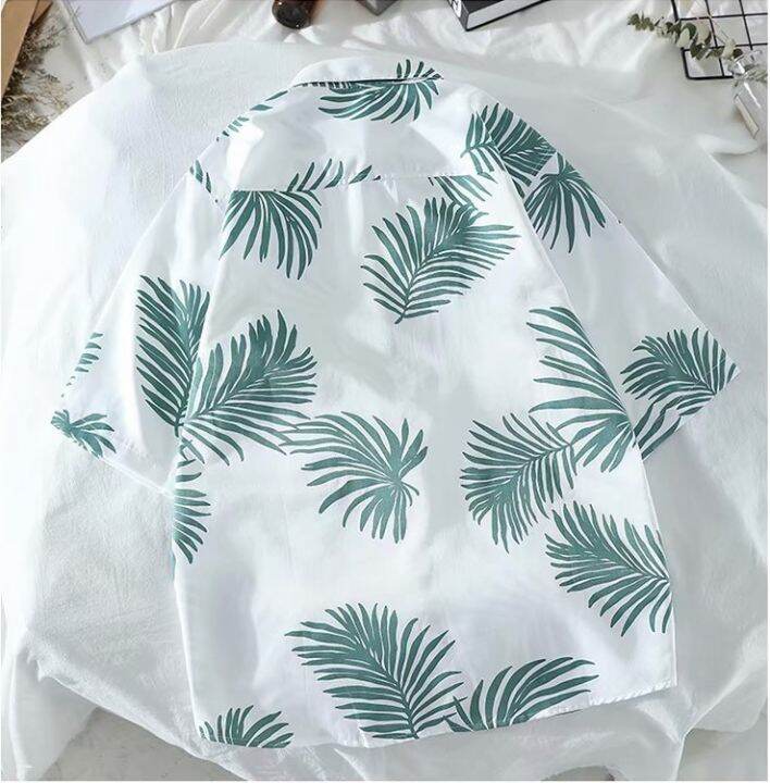 พร้อมส่ง-เสื้อฮาวาย-hawaii-พิมพ์ลาย-ใบไม้-สีเขียว-สีฟ้า-เสื้อเชิ้ตแขนสั้น-hawaii-shirt-uta