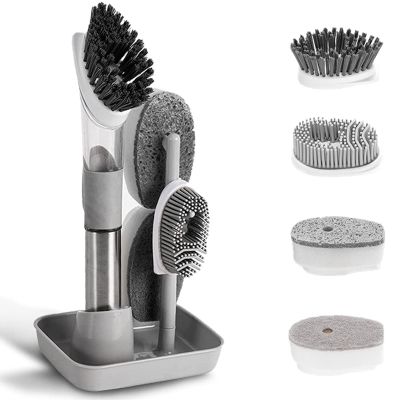 Dish Cleaning Brush-Soap Dispensing Dish Brush Set &amp; 4 Replacement Heads Storage Holder for Dish Pot Pan Sink