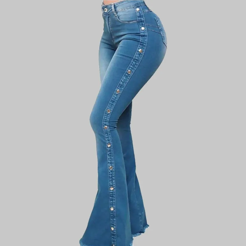 Women High Waist Denim Jeans Solid Slim Flare Pants Ladies Skinny