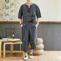 Traditional Chinese Style Summer Men Linen Embroidery Tang Suit Short Sleeve T-shirt+Pant Clothing Set Oriental Kung Fu Costumes