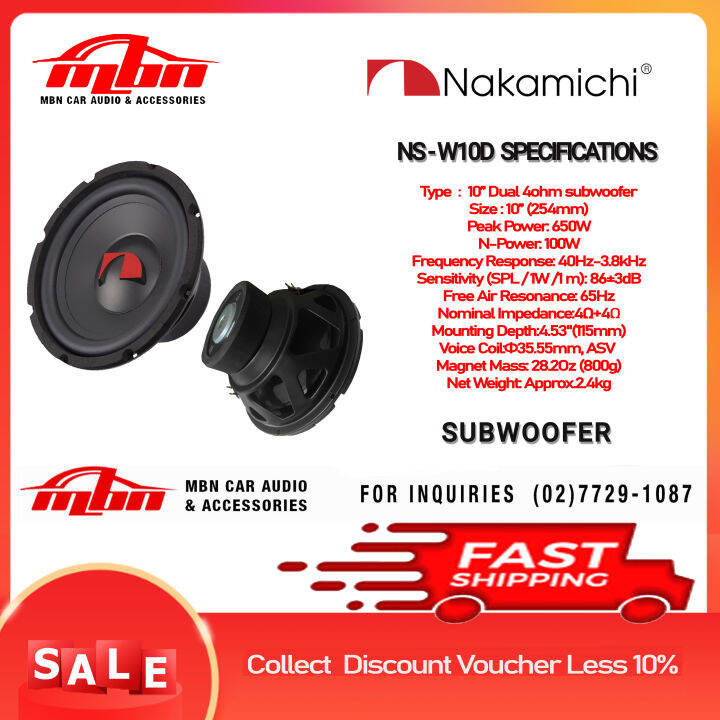 HIGH QUALITY SUBWOOFER NAKAMICHI 10 INCHES DUAL 4 OHMS 650W PEAK POWER