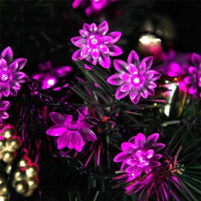 Solar Powered String Lights Outdoor 7M 50 LED Lotus Flower Festoon Fairy Light Decorative Lighting for Garden Fence Decorations Power Points  Switches