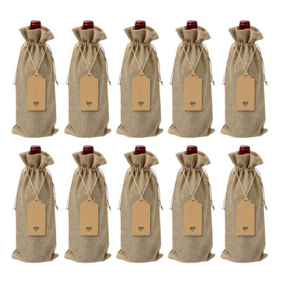 10pcs Rustic Jute Burlap Wine Bags Drawstring Wine Bottle Covers Reusable Bottle Wrap Gift Package Wine Bags