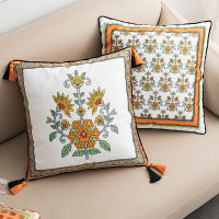 HelloYoung Retro Country Orange Cushion Cover Sofa Decoration Pillow Cover Light luxury Velvet Soft Tassels Vintage Floral Home Decor Living Room Bedroom Couch Chair