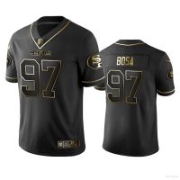 ใหม่คุณภาพสูงเสื้อที่นิยมมากที่สุด GP1 San Francisco 49ers NFL Football Jersey Bosa Garoppolo T Shirt Jersey Balck Vintage Gold Loose Casual Tee PG1