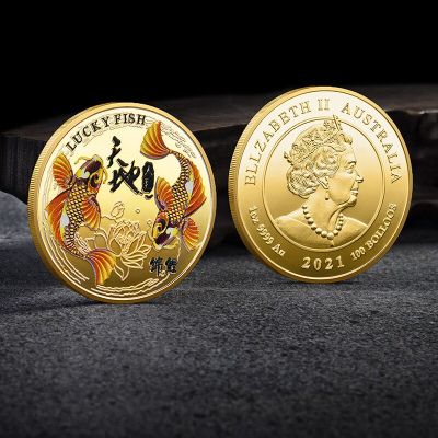 UK Collectible Coins Queens Commemorative Coin Koi Australia Gold-Plated Three-Dimensional Relief Commemorative Coin