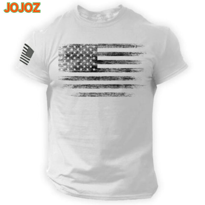 jojoz-เสื้อยืดผู้ชาย-เสื้อยืดแขนแขนสั้นคอกลมลำลองแฟชั่น-baju-atasan-olahraga-พิมพ์ลายธงชาติอเมริกา