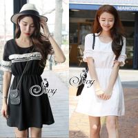 มินิเดรส SEVY Mini Dress /Sevy Tassel Knit Short Sleeve Korean Mini Dress แต่งด้วยไหมพรมเป็นพุ่มๆ เอวสม้อค