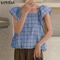 (จัดส่งฟรี)VONDA ชุดแฟชั่นสำหรับผู้หญิงอเนกประสงค์เสื้อเสื้อกล้ามหลวมลายตารางหมากรุก,ชุดแฟนซีสไตล์ลำลอง