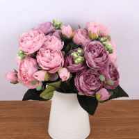 【hot】❅☾™  30cm Pink Silk Bouquet Artificial Flowers 5 Big Heads 4 Small Bud Bride Wedding Decoration Fake Faux