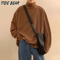 TIDE BEAR เสื้อยืดแขนยาวผู้ชายเสื้อยืดแขนยาวคอเต่าแขนยาวผ้ากำมะหยี่ชาย,เสื้อแขนยาวทรงหลวมแนวย้อนยุคเสื้อยาวปิดถึงก้น