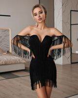 【YF】 CIEMIILI 2022 Women Fashion Tassel Bandage Dress Sexy V Neck Off Shoulder Bodycon Nightclub Celebrity Female Party Mini Dresses