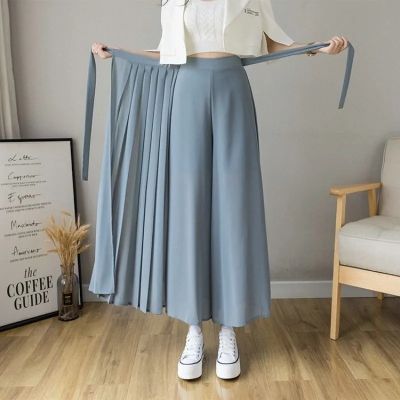Summer Elastic Pleated Skirt Women Capris Korean Chiffon Trouser Skirt High Waist Casual Wide Leg Pant Women Street Pant Skirt
