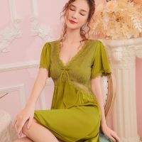 【 WYIN kitchen】 Jxgarb Spring Summer 【 WYIN kitchen】Satin And Lace Padded Chest Women 39;s Nightgowns Ice Silk Femme High Quality Short Sleeve Cute Nightdress