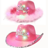 Luminous Tiara Cowgirl Hat Western Style Cowboy Hat Pink Women 39;s Fashion Party Cap Warped Wide Brim with Sequin Decoration