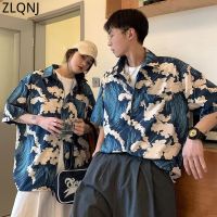 Oversized Mens Clothing Blouse Summer New Couple Shirts Harajuku Short Sleeve Top Women Sea Wave Print Casual Hawaiian Shirt