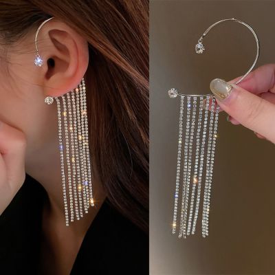 【YF】 Korean Long Tassel Crystal Chain Ear Cuff Clip Earrings for Women Fashion Shining Rhinestone Earring Non-Piercing Party Jewelry