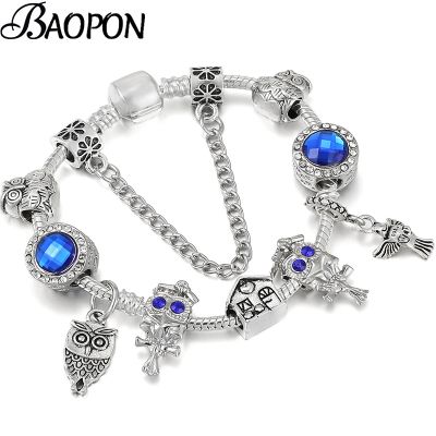 Cartoon Owl Pendant Charm Bracelets For Women With Cute Blue Crystal Beads Bracelet Bangle Kids Girls Jewelry Gift Dropshipping