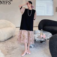 Nifs 2023 Verão Coréia Mulher Vestido Vestidos Robe Elbise Solto ขนาดพิเศษ Algodão Splicing Flor Fio De Manga Curta Longo