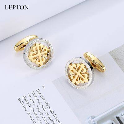 Lepton Silver &amp; 18K Gold สี Crusaders Cufflinks สแตนเลสรอบ Cuff Links สำหรับผู้ชายงานแต่งงานธุรกิจ Cufflink gemelos-Yrrey