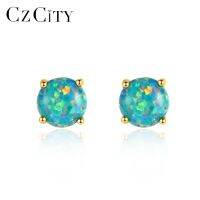 {Han Ornamirations} CZCITY โอปอลสีฟ้า14K S925ชุบทองเงินสเตอริงทรงกลมสวยงามคลาสสิกเครื่องประดับสตั๊ดสุดหรูเครื่องประดับสำหรับสาวๆ