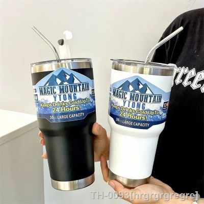 ▥✹ hrgrgrgregre Garrafa térmica portátil com palha copo de aço inoxidável caneca café gelo à prova vazamento 900ml