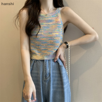 hanshi [2023 new HOT FASHION] เสื้อชั้นในสตรีถักสีสันสดใสเสื้อกล้ามคอกลมแขนกุดวินเทจสำหรับฤดูร้อน