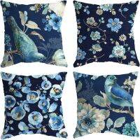 Blue Throw Pillow Covers Flower Bird Decorative in Rustic Farmhouse Decorative Couch Pillow Cases Square Linen Outdoor Cushions Saddle Covers