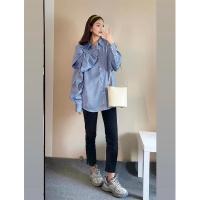 Big Bow Shirts Womens Original Design Turn Down Collar Long Sleeve Striped Blue Tops Boy Friend Style Button Up Loose Blouses