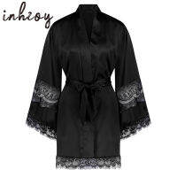 Mens Satin Night-robe Sissy Kimono Bathrob See-Through Floral Lace Patchwork Nightwear Sleepwear Homewear Loungewear With Belt