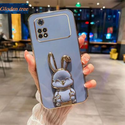 Andyh New Design For Xiaomi POCO M4 Pro 4G Case Luxury 3D Stereo Stand Bracket Smile Rabbit Electroplating Smooth Phone Case Fashion Cute Soft Case