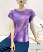 ۩♨❏ Aiden001 Average Size High Elastic Loose Ironing-Free Summer Tops Womens Printed T-Shirt Toothpick Pleated Short Sleeve Slim Round Neck S-609