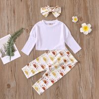 Imcute 2021 Sweet 0-24 Solid White Baby Girl Clothes Long Sleeve T-shirt + Sun Print Long Pants + Bow Headband Autumn 3pcs Set  by Hs2023