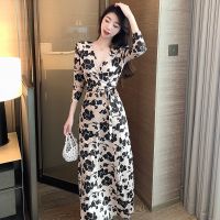 COD DSFGRDGHHHHH Pure Desire One Piece Dress Niche Vacation Lace-Up Waist Beach Mid-Length Sleeve V-Neck Floral Long Skirt Summer