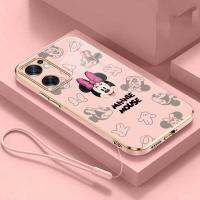 OPPO A77 5G A96 A76 4G OPPO 16K เคสตัวการ์ตูนมินนี่เม้าส์ A16เคสโทรศัพท์มือถือชุบหรูหรากันกระแทกพร้อมสายคล้อง