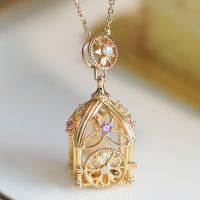 Romantic Court Style Pearl Necklace Ancient Gold Crafts Purple Crystal Open Small Cage Pendant Clavicle Chain Wedding Jewelry