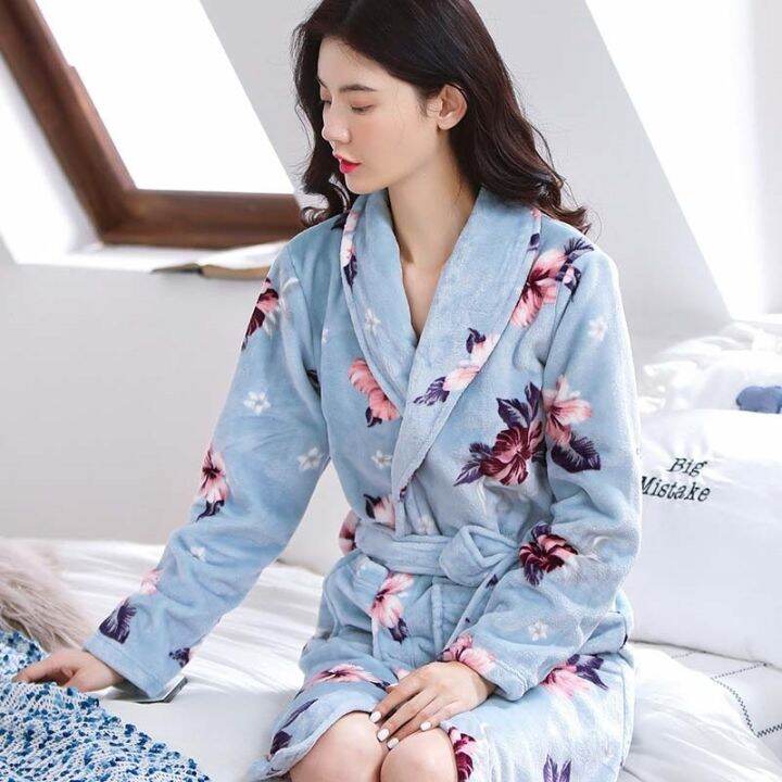 xiaoli-clothing-ผู้หญิงฤดูหนาว-warm-flannel-kimono-robe-ชุดนอนหญิงพิมพ์ดอกไม้-nightdress-dressing-gown-สวมใส่เสื้อคลุมอาบน้ำโรงแรม