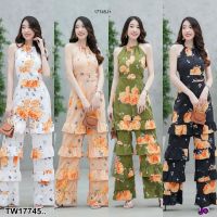 MM17745 Jumpsuit จั้มสูทขายาว พิมลายดอกไม้ สายผูกคอ