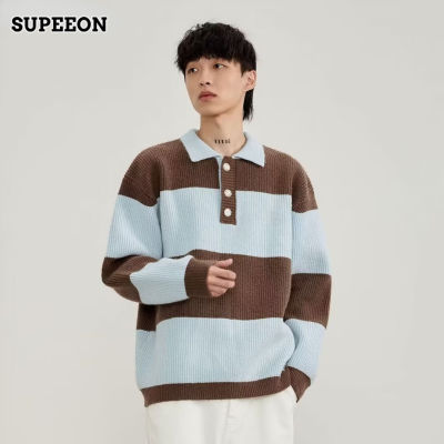 ☊ hnf531 SUPEEON丨Mens sweater Color matching polo neck sweater Comfortable and simple fashion casual sweater