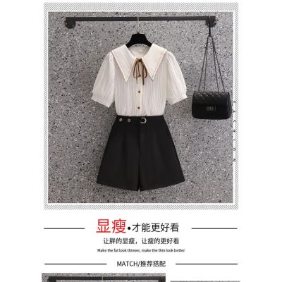 【新品】Doll collar lining clothes suits pretty woman fashion show thin joker temperament high waist shorts two-piece娃娃领漂亮衬衣衫职业套装女时尚百搭显瘦气质高腰短裤两件套