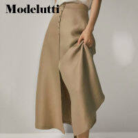 Modelutti 2022ใหม่ฤดูใบไม้ผลิฤดูร้อนแฟชั่นกระดุม Slit ผ้าลินินกระโปรงผู้หญิงสีทึบทุกการแข่งขันที่เรียบง่ายกางเกงลำลองหญิง